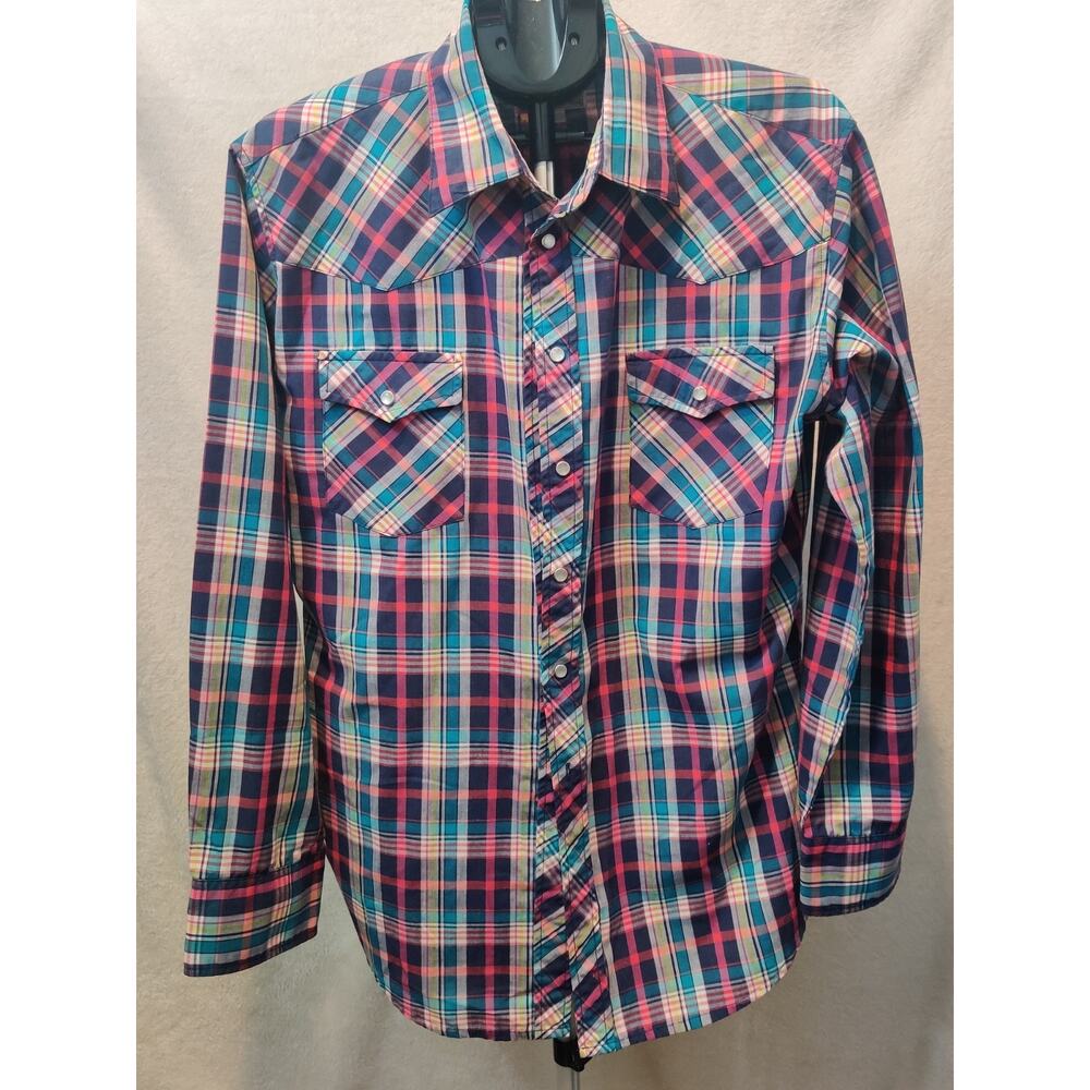Vintage New Frontiers Shirt Men's Size Large Pearl Snap Plaid Western Work Wear
